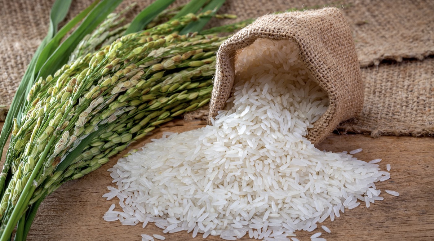 White rice in a jute sack